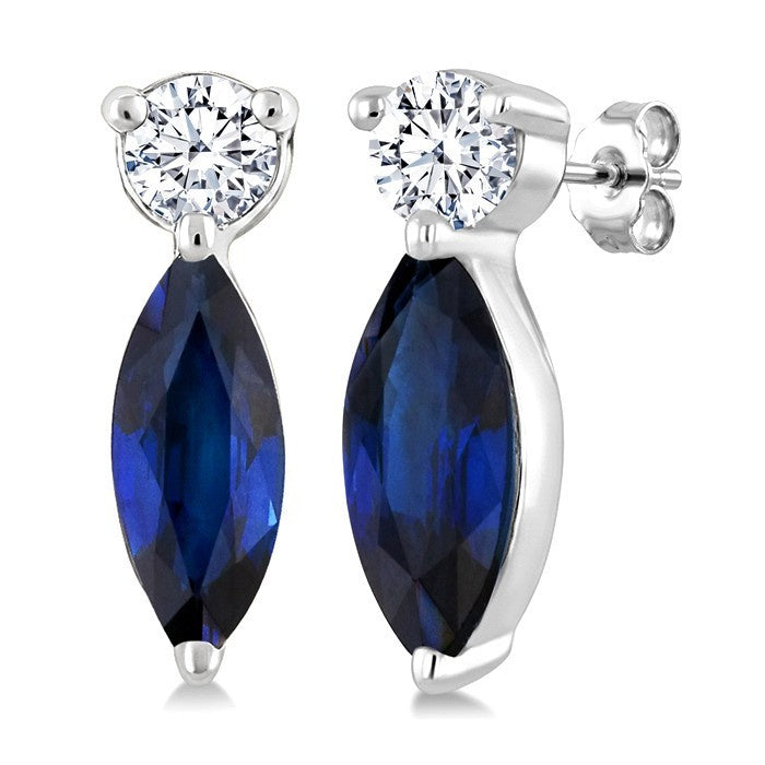 5X2.5 MM Marquise Cut Sapphire and 1/20 Ctw Round Cut Diamond Petite Precious Earrings in 10K White Gold