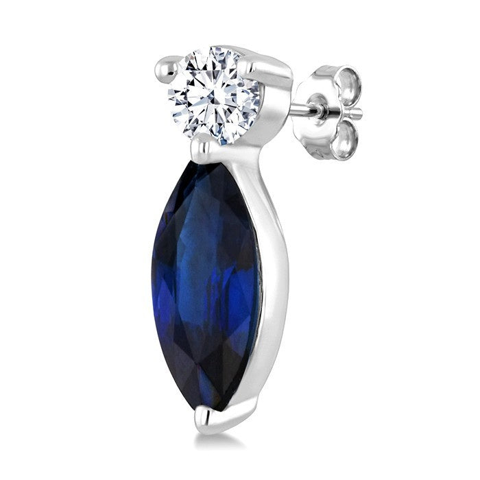 5X2.5 MM Marquise Cut Sapphire and 1/20 Ctw Round Cut Diamond Petite Precious Earrings in 10K White Gold
