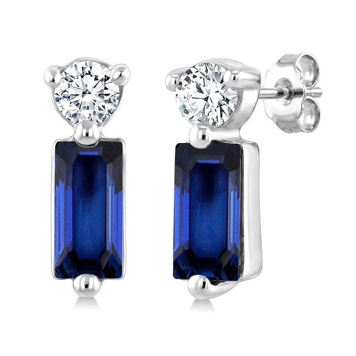 4X2 MM Baguette Cut Sapphire and 1/20 Ctw Round Cut Diamond Petite Precious Earrings in 10K White Gold