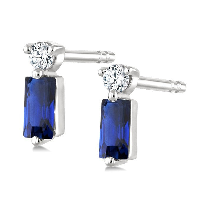 4X2 MM Baguette Cut Sapphire and 1/20 Ctw Round Cut Diamond Petite Precious Earrings in 10K White Gold