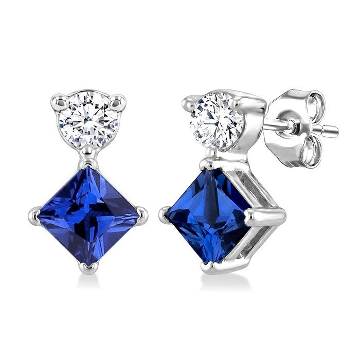 3.5 MM Princess Cut Sapphire and 1/20 Ctw Round Cut Diamond Petite Precious Earrings in 10K White Gold