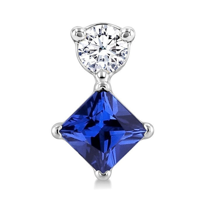 3.5 MM Princess Cut Sapphire and 1/20 Ctw Round Cut Diamond Petite Precious Earrings in 10K White Gold