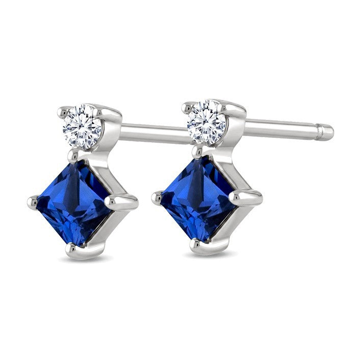 3.5 MM Princess Cut Sapphire and 1/20 Ctw Round Cut Diamond Petite Precious Earrings in 10K White Gold