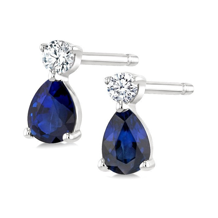 4X3 MM Pear Cut Sapphire and 1/20 Ctw Round Cut Diamond Petite Precious Earrings in 10K White Gold