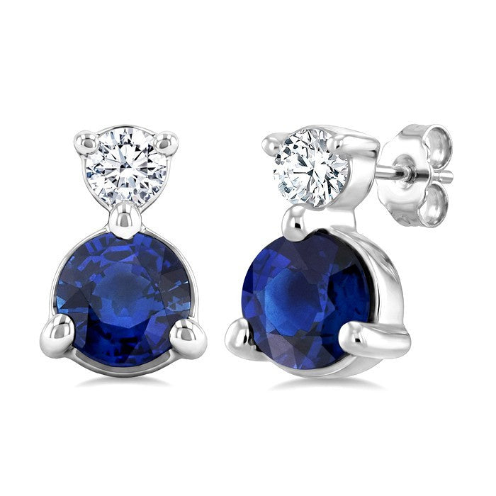 3.5 MM Round Cut Sapphire and 1/20 Ctw Round Cut Diamond Petite Precious Earrings in 10K White Gold