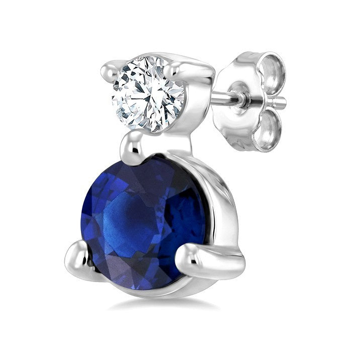 3.5 MM Round Cut Sapphire and 1/20 Ctw Round Cut Diamond Petite Precious Earrings in 10K White Gold