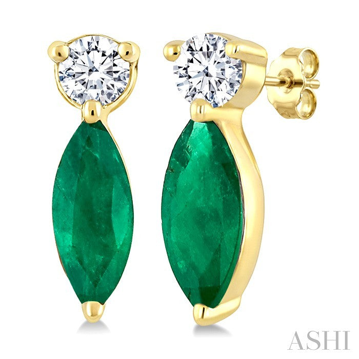 5X2.5 MM Marquise Cut Emerald and 1/20 Ctw Round Cut Diamond Petite Precious Earrings in 10K Yellow Gold