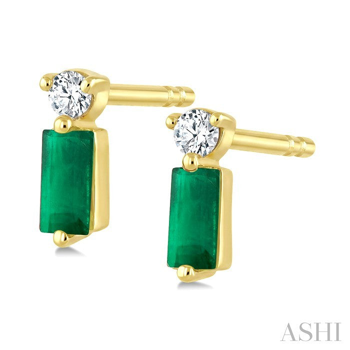 4X2 MM Baguette Cut Emerald and 1/20 Ctw Round Cut Diamond Petite Precious Earrings in 10K Yellow Gold
