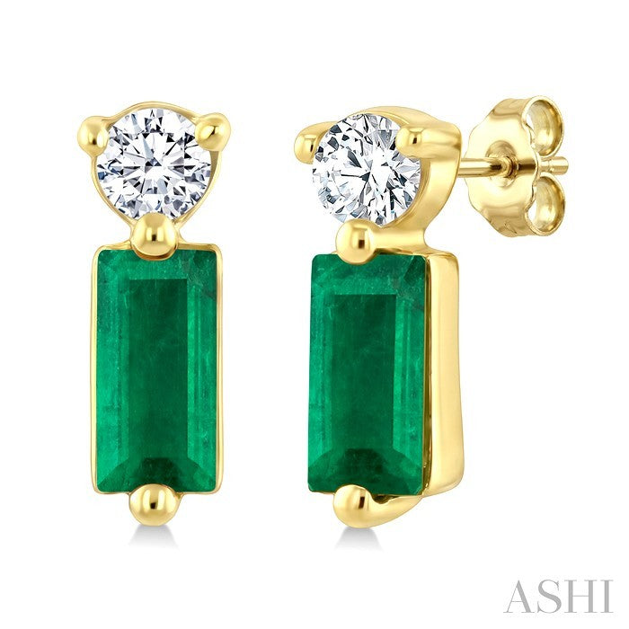 4X2 MM Baguette Cut Emerald and 1/20 Ctw Round Cut Diamond Petite Precious Earrings in 10K Yellow Gold