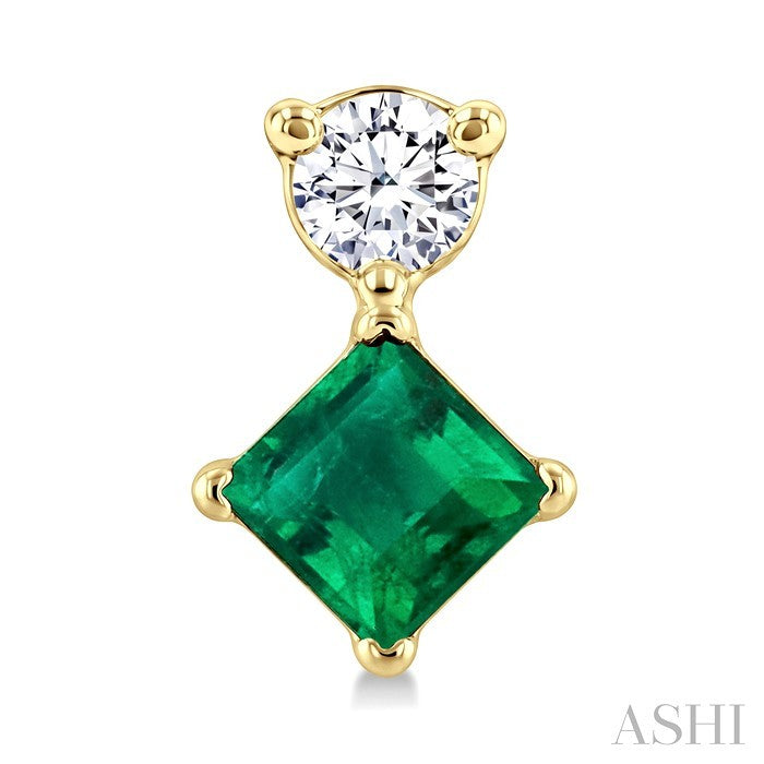 3.5 MM Princess Cut Emerald and 1/20 Ctw Round Cut Diamond Petite Precious Earrings in 10K Yellow Gold