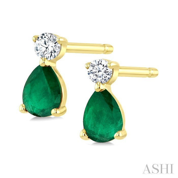 4X3 MM Pear Cut Emerald and 1/20 Ctw Round Cut Diamond Petite Precious Earrings in 10K Yellow Gold