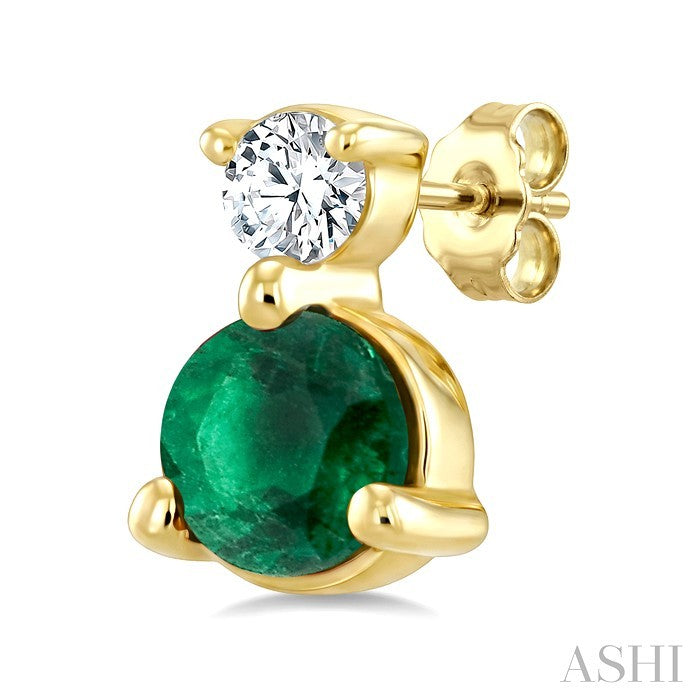 3.5 MM Round Cut Emerald and 1/20 Ctw Round Cut Diamond Petite Precious Earrings in 10K Yellow Gold