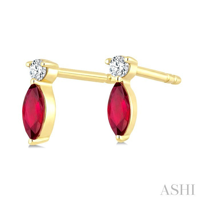 5X2.5 MM Marquise Cut Ruby and 1/20 Ctw Round Cut Diamond Petite Precious Earrings in 10K Yellow Gold