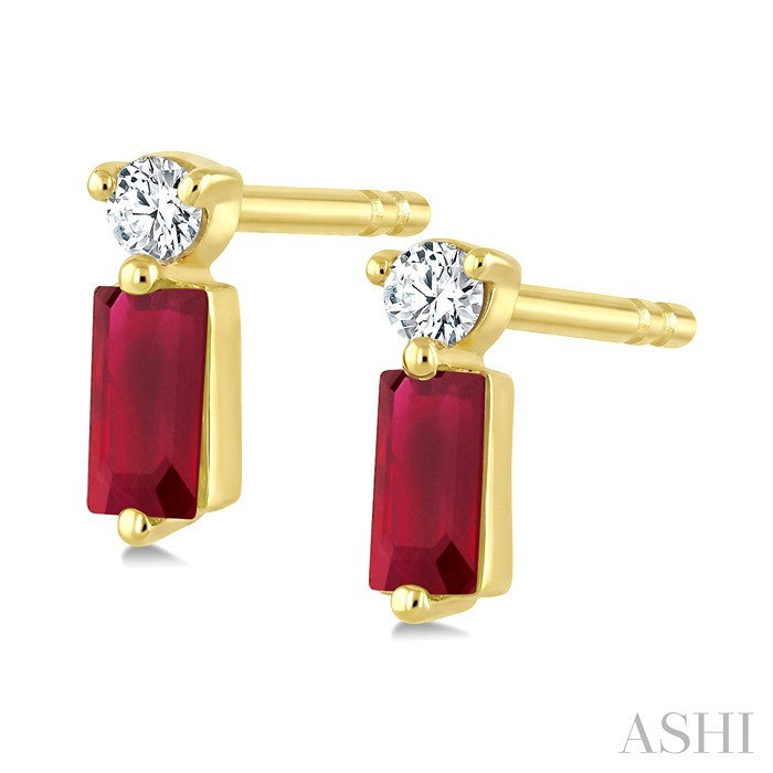 4X2 MM Baguette Cut Ruby and 1/20 Ctw Round Cut Diamond Petite Precious Earrings in 10K Yellow Gold