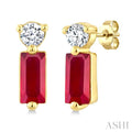 4X2 MM Baguette Cut Ruby and 1/20 Ctw Round Cut Diamond Petite Precious Earrings in 10K Yellow Gold