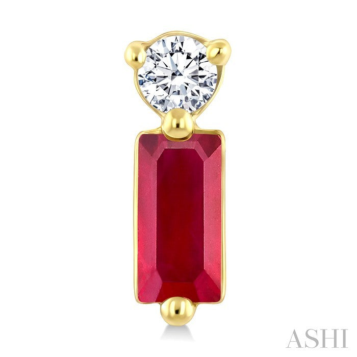 4X2 MM Baguette Cut Ruby and 1/20 Ctw Round Cut Diamond Petite Precious Earrings in 10K Yellow Gold