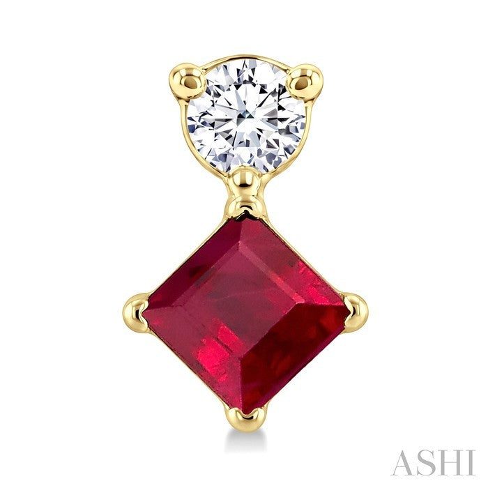 3.5 MM Princess Cut Ruby and 1/20 Ctw Round Cut Diamond Petite Precious Earrings in 10K Yellow Gold