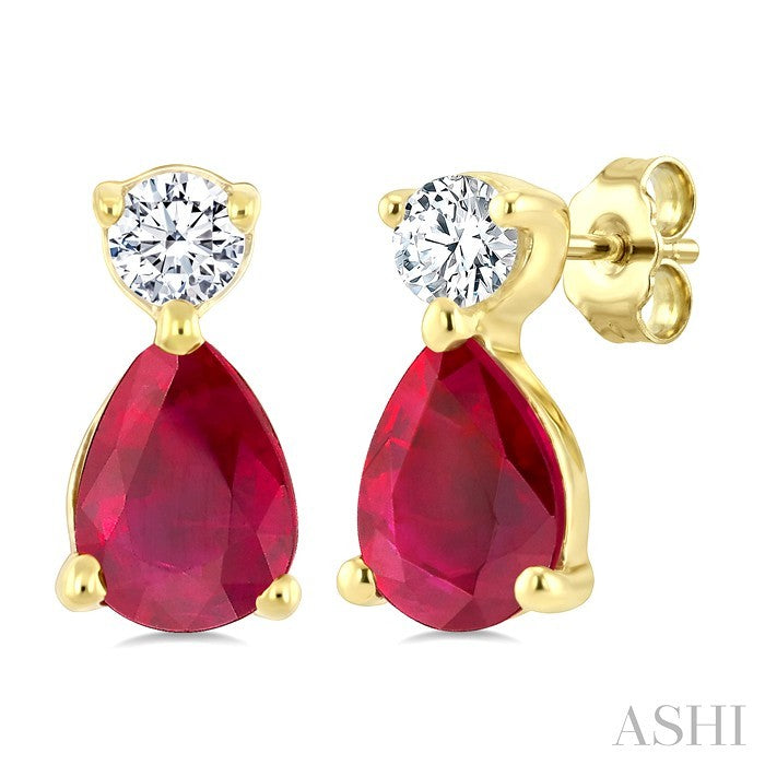4X3 MM Pear Cut Ruby and 1/20 Ctw Round Cut Diamond Petite Precious Earrings in 10K Yellow Gold