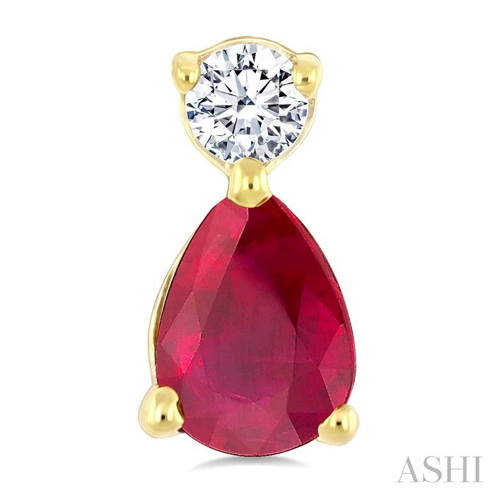 4X3 MM Pear Cut Ruby and 1/20 Ctw Round Cut Diamond Petite Precious Earrings in 10K Yellow Gold