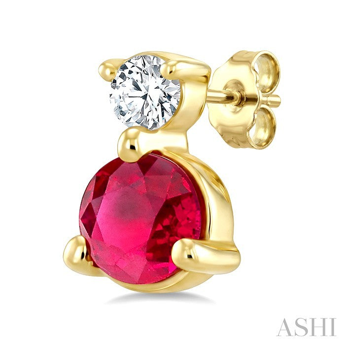 3.5 MM Round Cut Ruby and 1/20 Ctw Round Cut Diamond Petite Precious Earrings in 10K Yellow Gold