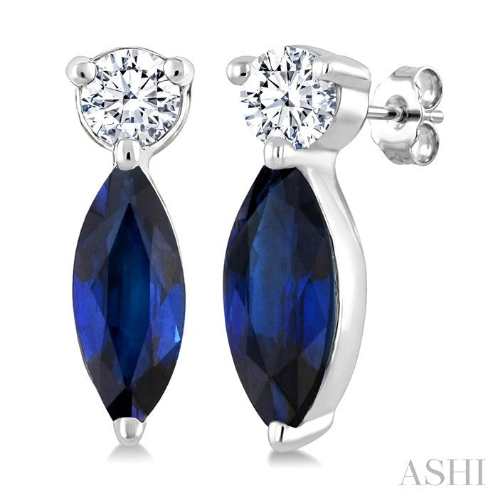 5X2.5 MM Marquise Cut Sapphire and 1/20 Ctw Round Cut Diamond Petite Precious Earrings in 10K White Gold