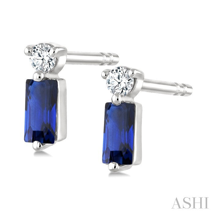 4X2 MM Baguette Cut Sapphire and 1/20 Ctw Round Cut Diamond Petite Precious Earrings in 10K White Gold
