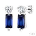 4X2 MM Baguette Cut Sapphire and 1/20 Ctw Round Cut Diamond Petite Precious Earrings in 10K White Gold