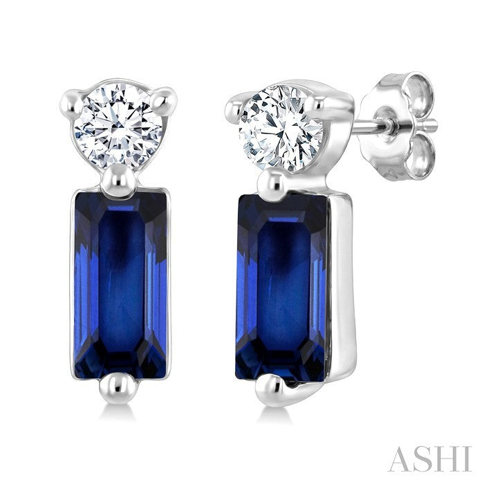 4X2 MM Baguette Cut Sapphire and 1/20 Ctw Round Cut Diamond Petite Precious Earrings in 10K White Gold