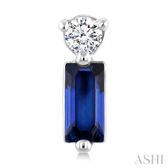 4X2 MM Baguette Cut Sapphire and 1/20 Ctw Round Cut Diamond Petite Precious Earrings in 10K White Gold