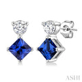 3.5 MM Princess Cut Sapphire and 1/20 Ctw Round Cut Diamond Petite Precious Earrings in 10K White Gold