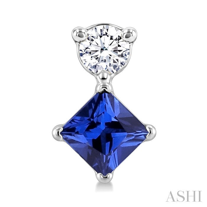 3.5 MM Princess Cut Sapphire and 1/20 Ctw Round Cut Diamond Petite Precious Earrings in 10K White Gold