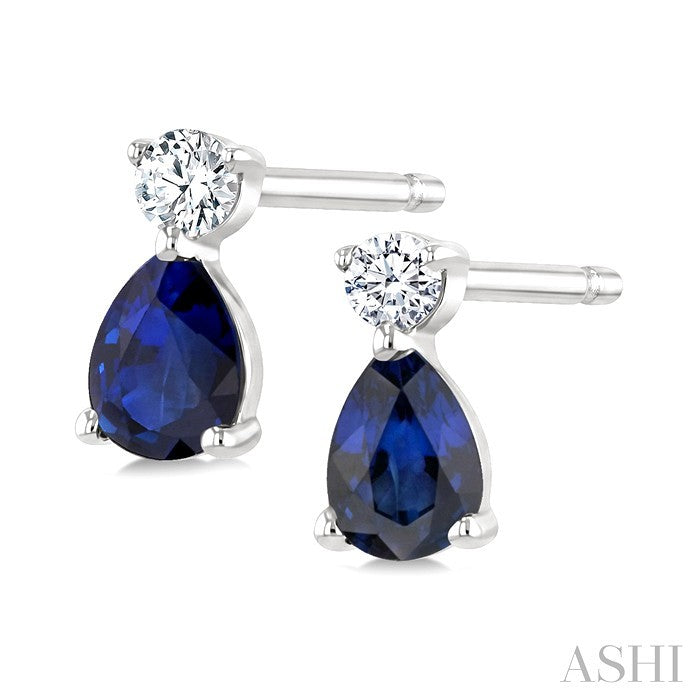 4X3 MM Pear Cut Sapphire and 1/20 Ctw Round Cut Diamond Petite Precious Earrings in 10K White Gold