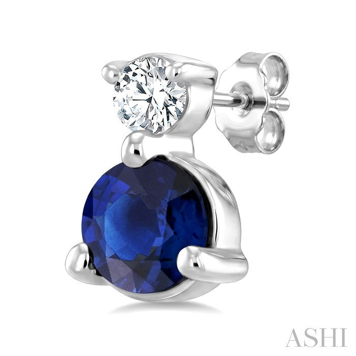 3.5 MM Round Cut Sapphire and 1/20 Ctw Round Cut Diamond Petite Precious Earrings in 10K White Gold