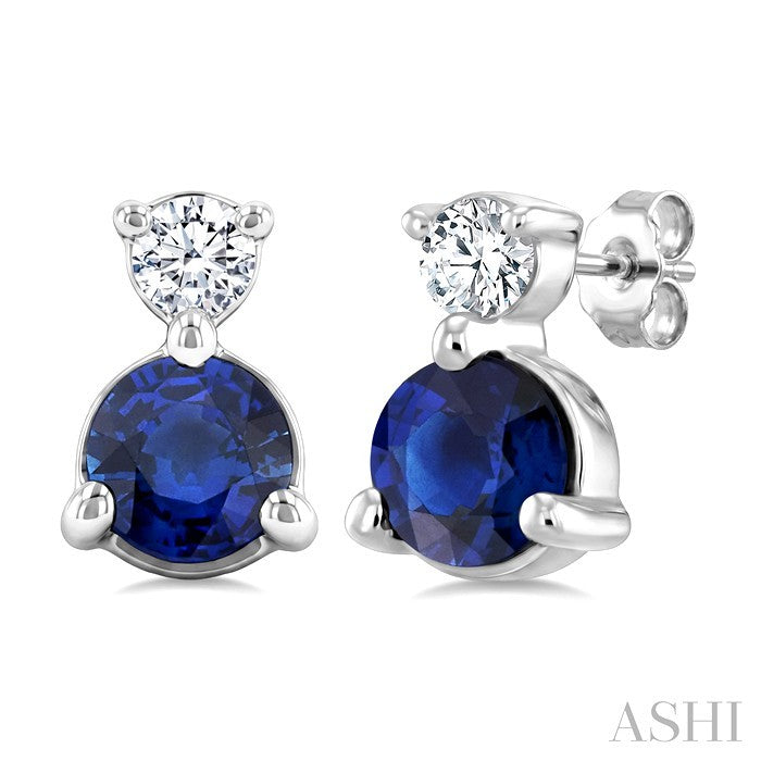 3.5 MM Round Cut Sapphire and 1/20 Ctw Round Cut Diamond Petite Precious Earrings in 10K White Gold