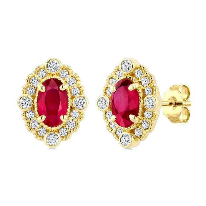 5X3 MM Oval Cut Ruby and 1/6 Ctw Round Cut Diamond Precious Art Deco Earrings in 14K Yellow Gold