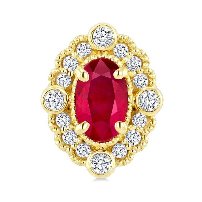 5X3 MM Oval Cut Ruby and 1/6 Ctw Round Cut Diamond Precious Art Deco Earrings in 14K Yellow Gold