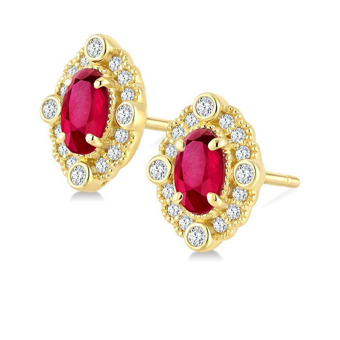 5X3 MM Oval Cut Ruby and 1/6 Ctw Round Cut Diamond Precious Art Deco Earrings in 14K Yellow Gold