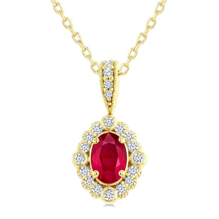 6X4 MM Oval Cut Ruby and 1/6 Ctw Round Cut Diamond Precious Art Deco Pendant With Chain in 14K Yellow Gold