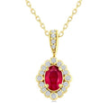6X4 MM Oval Cut Ruby and 1/6 Ctw Round Cut Diamond Precious Art Deco Pendant With Chain in 14K Yellow Gold
