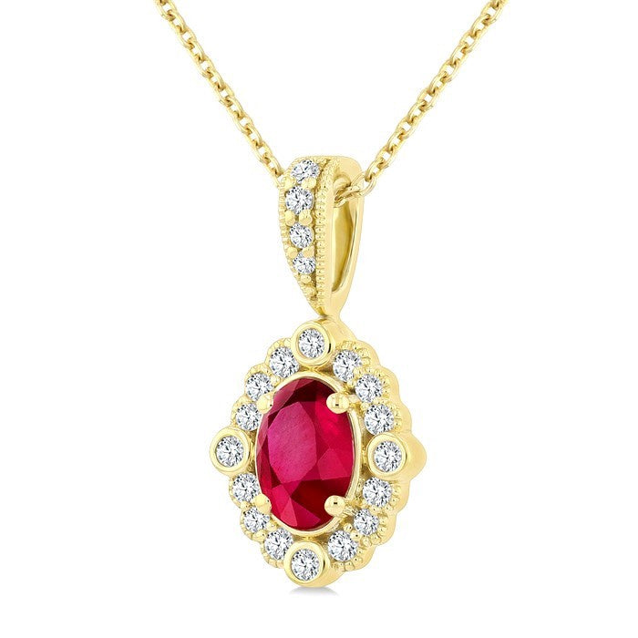 6X4 MM Oval Cut Ruby and 1/6 Ctw Round Cut Diamond Precious Art Deco Pendant With Chain in 14K Yellow Gold