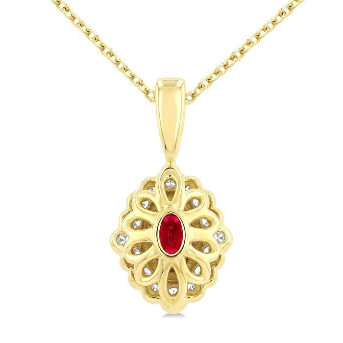 6X4 MM Oval Cut Ruby and 1/6 Ctw Round Cut Diamond Precious Art Deco Pendant With Chain in 14K Yellow Gold