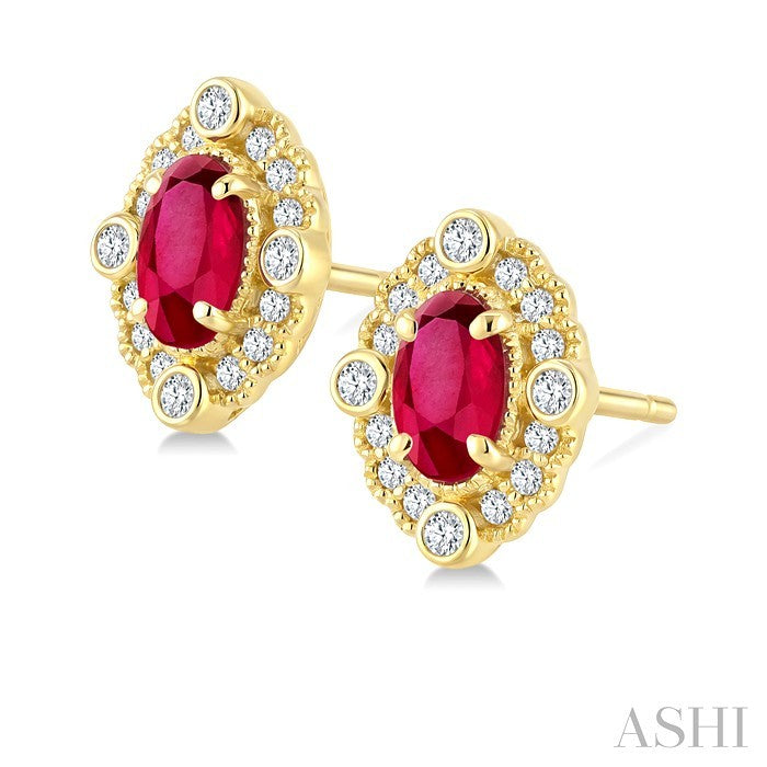 5X3 MM Oval Cut Ruby and 1/6 Ctw Round Cut Diamond Precious Art Deco Earrings in 14K Yellow Gold
