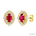5X3 MM Oval Cut Ruby and 1/6 Ctw Round Cut Diamond Precious Art Deco Earrings in 14K Yellow Gold