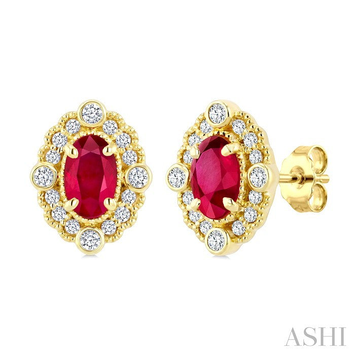 5X3 MM Oval Cut Ruby and 1/6 Ctw Round Cut Diamond Precious Art Deco Earrings in 14K Yellow Gold