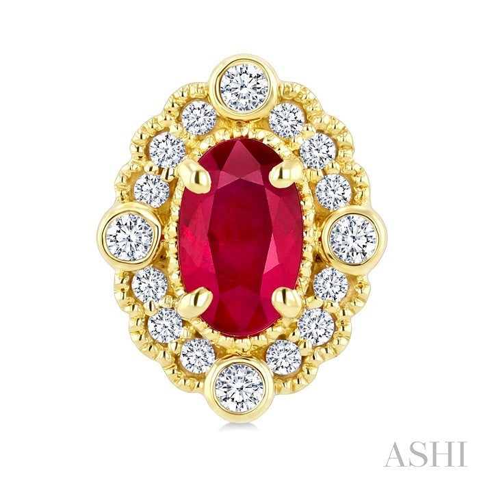 5X3 MM Oval Cut Ruby and 1/6 Ctw Round Cut Diamond Precious Art Deco Earrings in 14K Yellow Gold