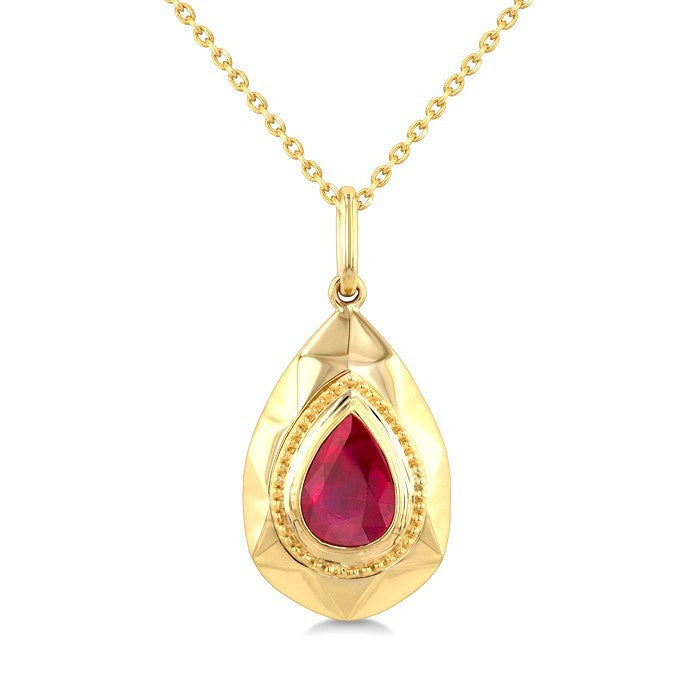 7X5 MM Pear Shape Ruby Precious Tear Golden Glow Pendant With Chain in 14K Yellow Gold