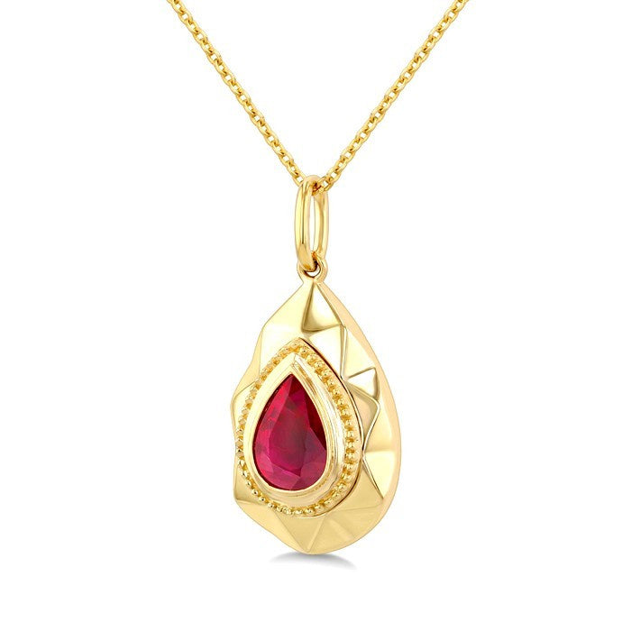 7X5 MM Pear Shape Ruby Precious Tear Golden Glow Pendant With Chain in 14K Yellow Gold
