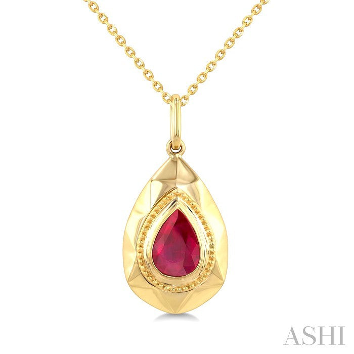7X5 MM Pear Shape Ruby Precious Tear Golden Glow Pendant With Chain in 14K Yellow Gold