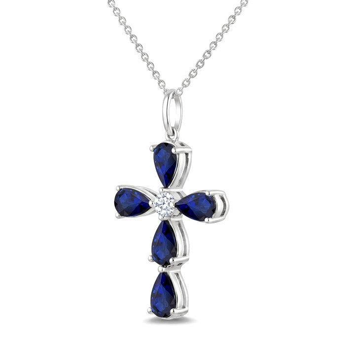 5X3 MM Pear Shape Sapphire and 1/50 Ctw Round Cut Diamond Fashion Precious Pendant With Chain in 14K White Gold