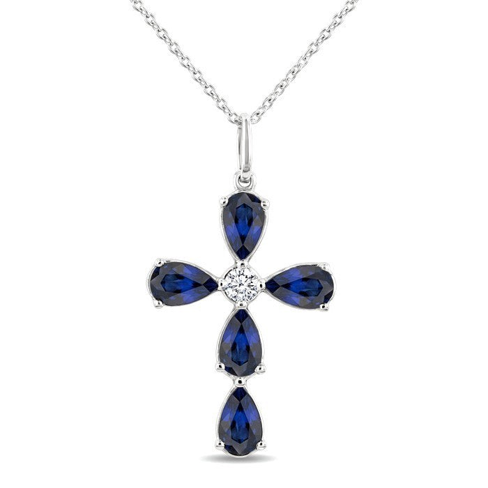 5X3 MM Pear Shape Sapphire and 1/50 Ctw Round Cut Diamond Fashion Precious Pendant With Chain in 10K White Gold